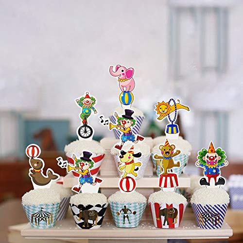 Joymee 48 Pieces Circus Animal Cupcake Topper for Carnival Themed Baby Shower Kids Birthday Party Favor Supplies Lion Bear Elephant Cake Decorations - Image 4